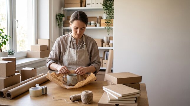 Small Business Owner Packing Online Orders.
Small business owner packing ecommerce orders in a bright home workshop.