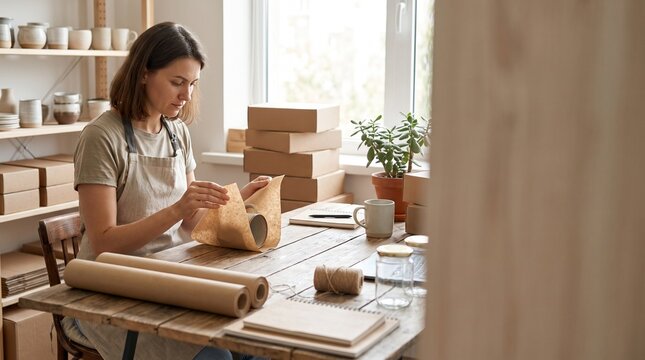 Small Business Owner Packing Online Orders.
Small business owner packing ecommerce orders in a bright home workshop.