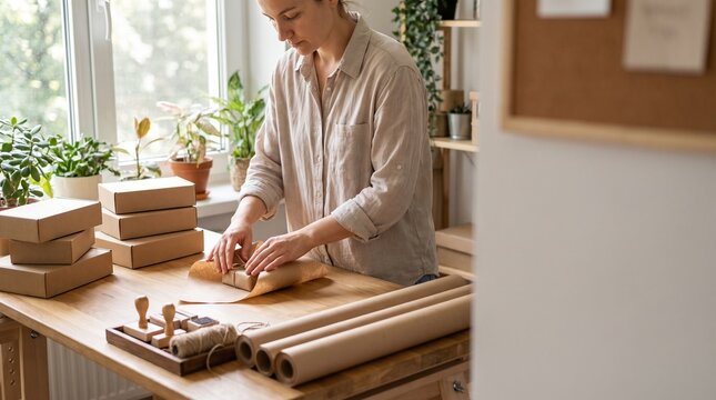 Small Business Owner Packing Online Orders.
Small business owner packing ecommerce orders in a bright home workshop.
