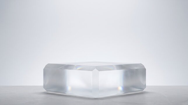 Clear glass cube podium for product display on a light gray surface, minimalist design for luxury cosmetic or jewelry presentation, highquality studio photography