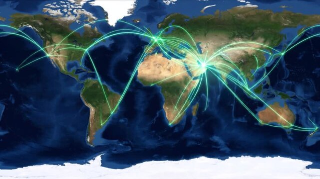 ドバイを起点に世界地図へ展開する航空路量子ネットワークの様子