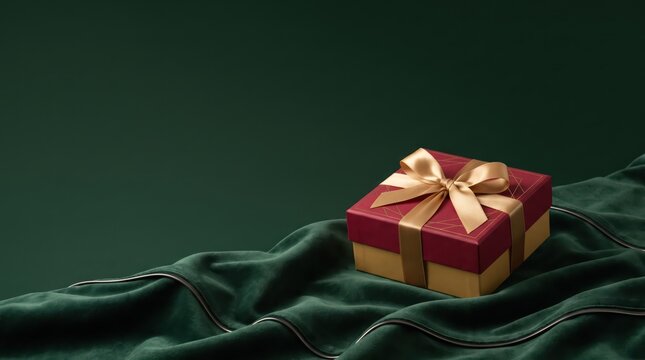 A luxurious gift box with a gold ribbon sits elegantly on a rich, dark green velvet fabric background, perfect for holiday celebrations and special occasions