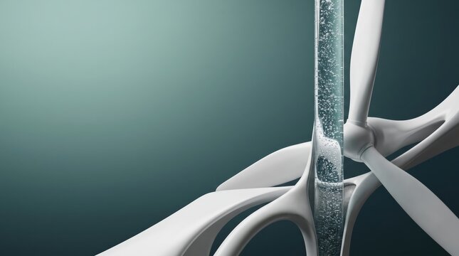 Futuristic concept of green hydrogen production and renewable wind energy with bubbly glass column integrated into sleek wind turbine sculpture