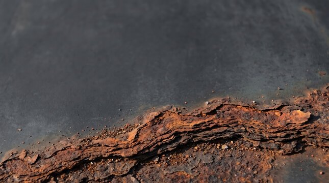 Closeup of severe rust corrosion on a dark metal surface, showing layered oxidation and textured decay on an industrial or automotive material