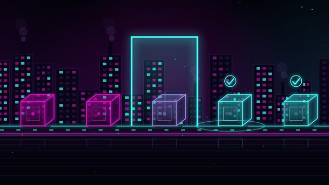 Futuristic neon blocks moving on platform in pixel art cyber city