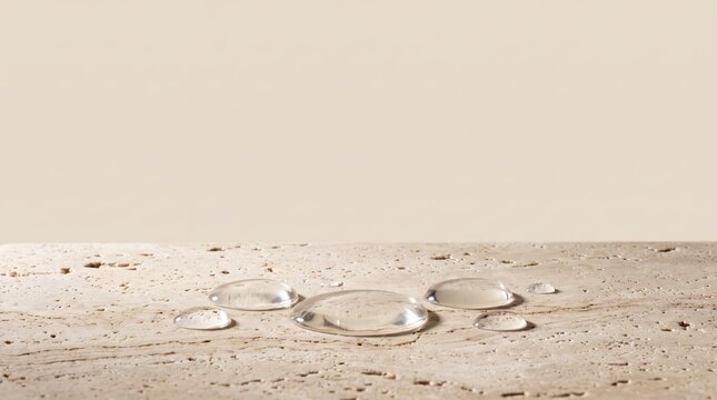 Closeup of clear water droplets resting on a textured beige stone surface, creating a minimalist and natural aesthetic for product display or skincare background