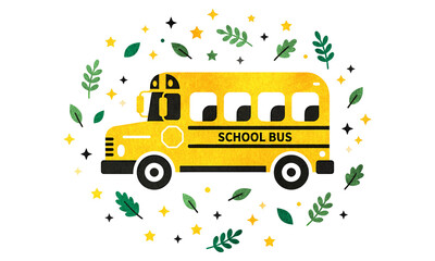 Watercolor Yellow school bus illustration, back to school transport graphic, educational vehicle art surrounded by green leaves and stars isolated on Transparent Background © riponhossain