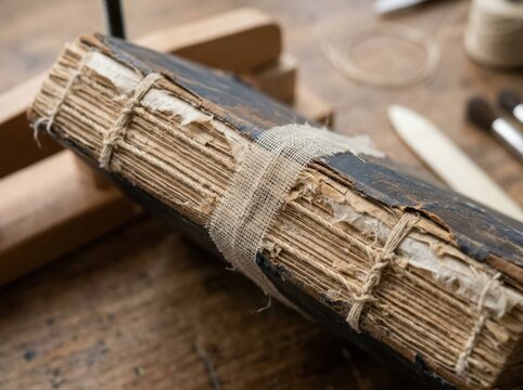 bookbinding spine restoration Old, worn book spine with frayed fabric and exposed stitching on wooden surface