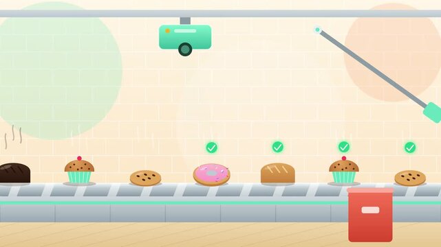 Automated food factory conveyor belt processing various baked goods