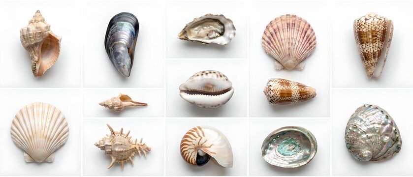 Diverse collection of sea shells isolated on white background, marine biology