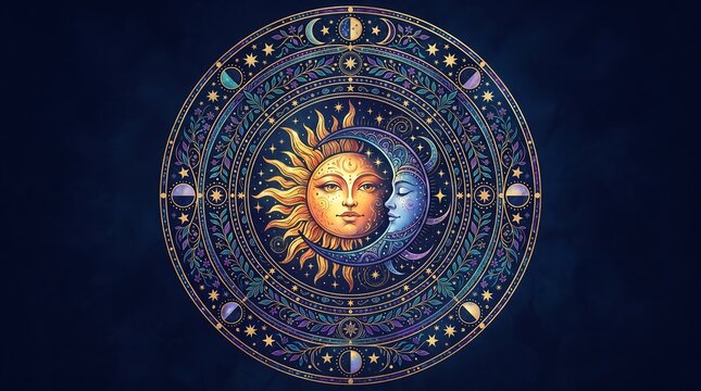 Enchanting sun and moon faces intertwined in golden celestial wheel with floral accents.