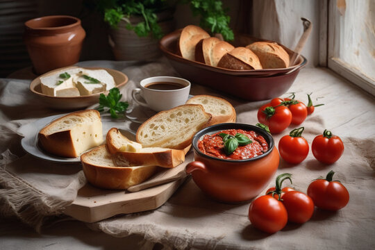 Fresh bread and tomatoes on a wooden table