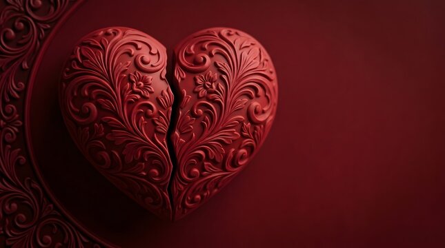 A stunning, deeply textured, dark red, ornate broken heart sculpture featuring intricate floral filigree relief patterns, set against a matching deep red, minimalist studio background.