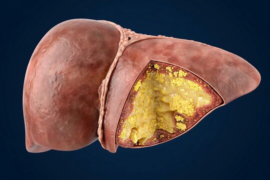3d illustration of a human liver with fatty liver disease showing yellow fat deposits inside the liver tissue