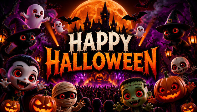 Happy halloween greeting with cute monsters and carved pumpkins under a giant moon frankenstein skeleton card celebration