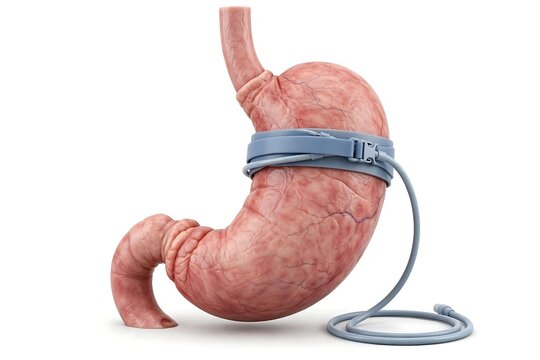 3d illustration of a human stomach with an adjustable gastric band for weight loss surgery isolated on white background