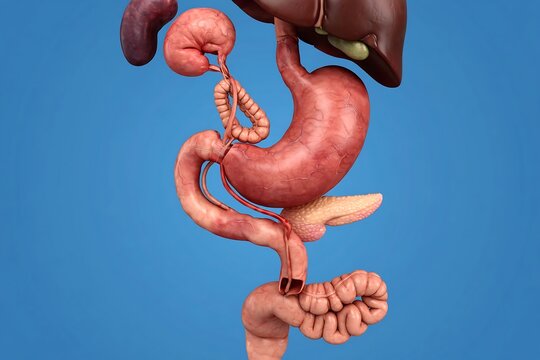 3d medical illustration of a gastric bypass surgery procedure showing the stomach, small intestine, and digestive organs