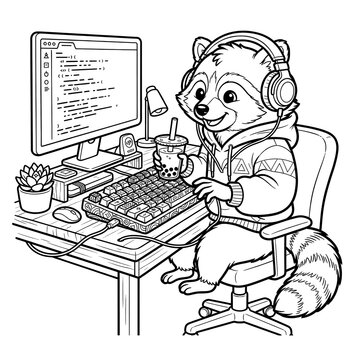 Cute raccoon programmer coloring page