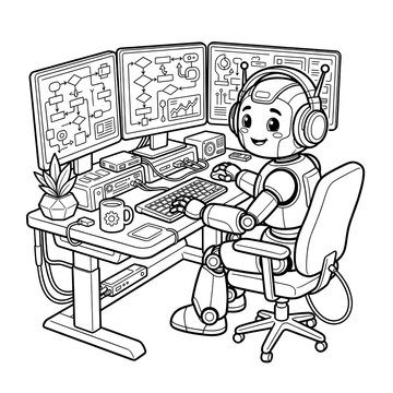 Cute robot working at computer desk coloring page
