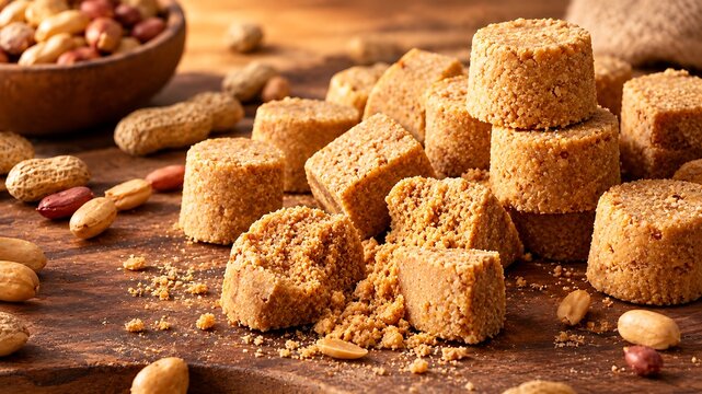 Crumbly Brazilian pa&ccedil;oca peanut candy blocks and cylinders with roasted peanuts on a rustic wooden table