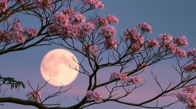Beautiful full moon shining through blooming pink cherry blossom branches at twilight