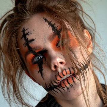 Creative horror template. Close up of a woman with tousled hair, orange eyeshadow lipstick and drawn skeleton makeup looking eerily to the camera, clip mov HD motion