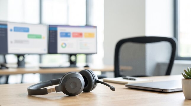 Professional headset resting on a modern office desk with computer monitors in the background.