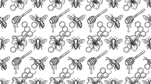 Seamless Pattern Featuring Hand Drawn Honey Bees Honeycombs Flowers and Wooden Honey Dippers in Black and White Style