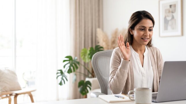 Young woman waving hello during a video conference call on her laptop at home.