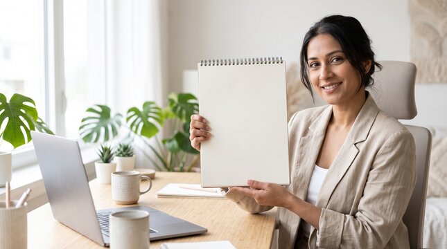 Smiling businesswoman holding a blank notepad for copy space in a bright modern home office.