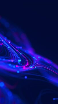 Closeup of Big data swirl patterns in futuristic cyberspace. Whirl flow of data in quantum technology network. Neon line stream with shallow depth of field. Vertical Video.
