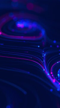 Big data swirl patterns in futuristic cyberspace. Whirl flow of data in quantum technology network. Neon line stream with shallow depth of field. Vertical Video.
