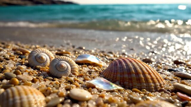 Seashells on Sandy Beach Shoreline with Gentle Waves and Sunlight Reflection, Coastal Serenity and Summer Vacation Vibes
