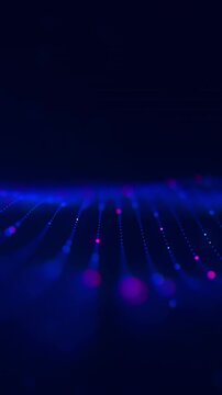 Futuristic technology wave with neon line patterns and cloud data points. Digital cyberspace concept. Abstract digital wave with moving particles. Big data flow animation. Vertical Video.
