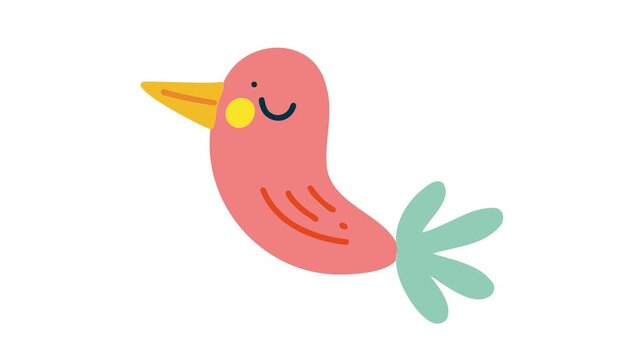 Animation of cute pink bird with yellow beak and green tail feathers