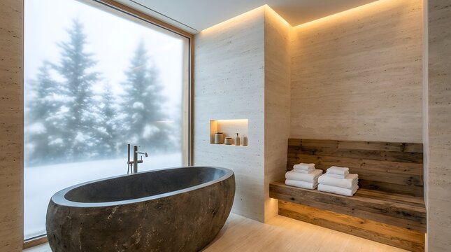 Modern bathroom with freestanding tub and winter landscape view