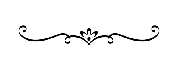 Decorative scroll flourish with central floral element for ornate typographic dividers on transparent background. © SAYEMART