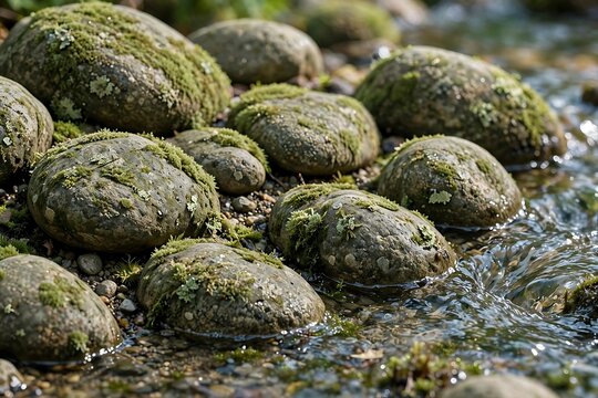 Closeup of mossy river stones along the bank of a flowing stream in a natural forest setting
