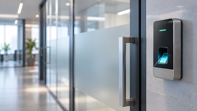 指紋認証端末を設置した近代的なオフィス入口　入退室管理とセキュリティ