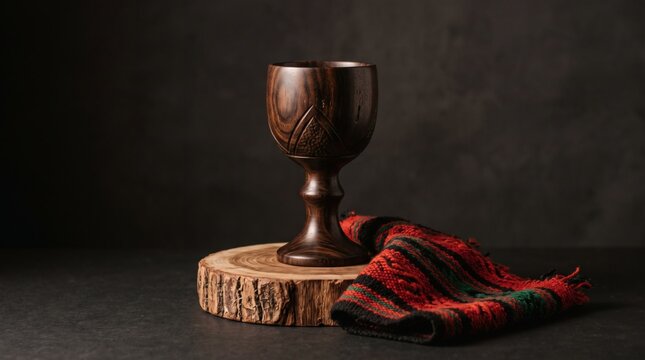 Elegant wooden goblet on a rustic wooden base with a red cloth nearby.