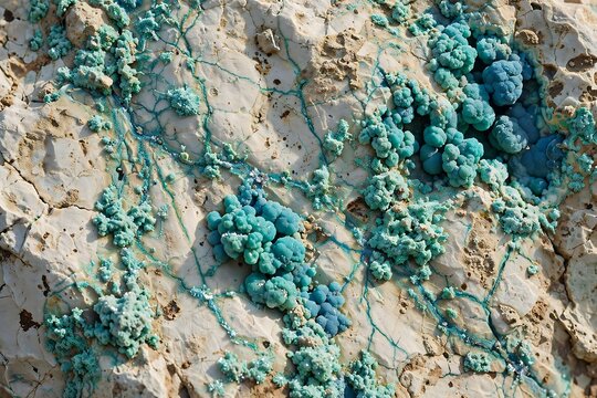 Closeup of vibrant turquoise mineral growths and veins on a textured beige rock surface in a natural setting