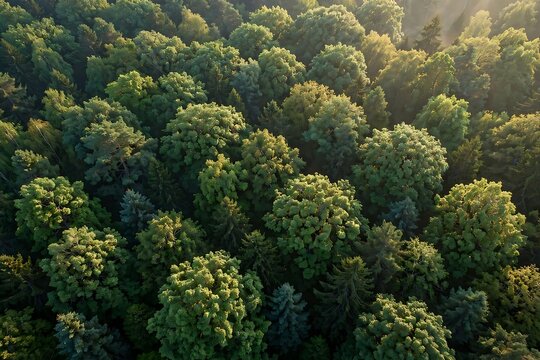 Aerial view of a lush green forest canopy at sunrise