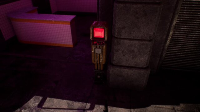 Small metal signal box glowing with a bright red light attached to a grey stone corner of a building during the night hours near a tiled counter illuminated by pink neon lights in an urban space