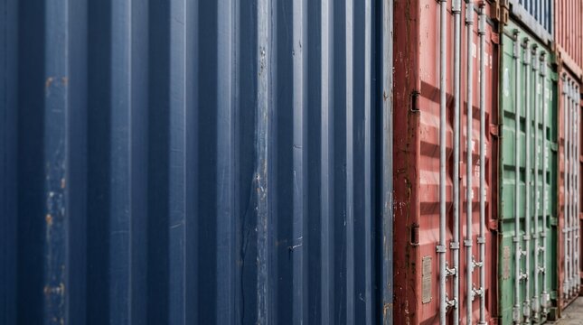 Close-up of weathered corrugated steel shipping containers in blue, red and green with rust marks and locking rods