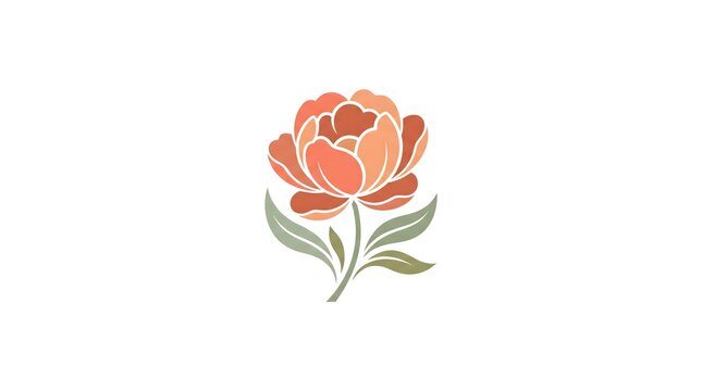 An elegant vector illustration of a blooming peony flower featuring soft coral and peach petals with sage green leaves, isolated on a white background