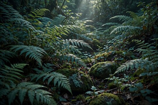 Lush green ferns and mossy rocks in a misty, sunlit forest clearing