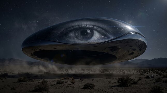 Surreal UFO Reflecting a Giant Human Eye in the Night Desert