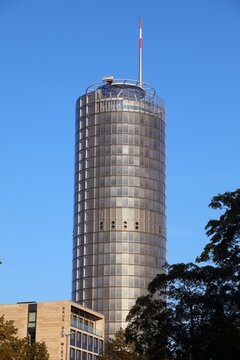 ESSEN, GERMANY - SEPTEMBER 20, 2020: RWE Tower in Essen, Germany. It is the headquarters of Innogy, part of RWE AG, a German multinational energy company.
