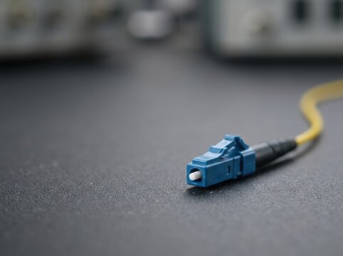 lc fiber connector macro Blue fiber optic cable connector on a gray surface with blurred background.