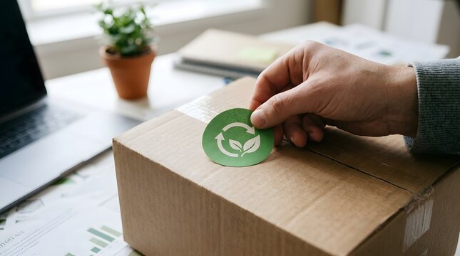 Close-up of a hand placing a generic green certification seal onto a recycled cardboard package beside a supplier sustainability checklist, natural studio lighting, sustainable.